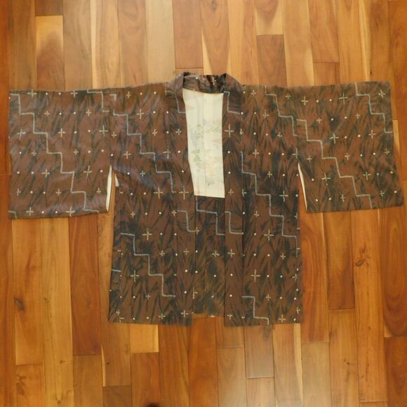 Japanese Brown silk kimono jacket tunic Asian Open Robe Short Vintage Lined O/S - Picture 1 of 16